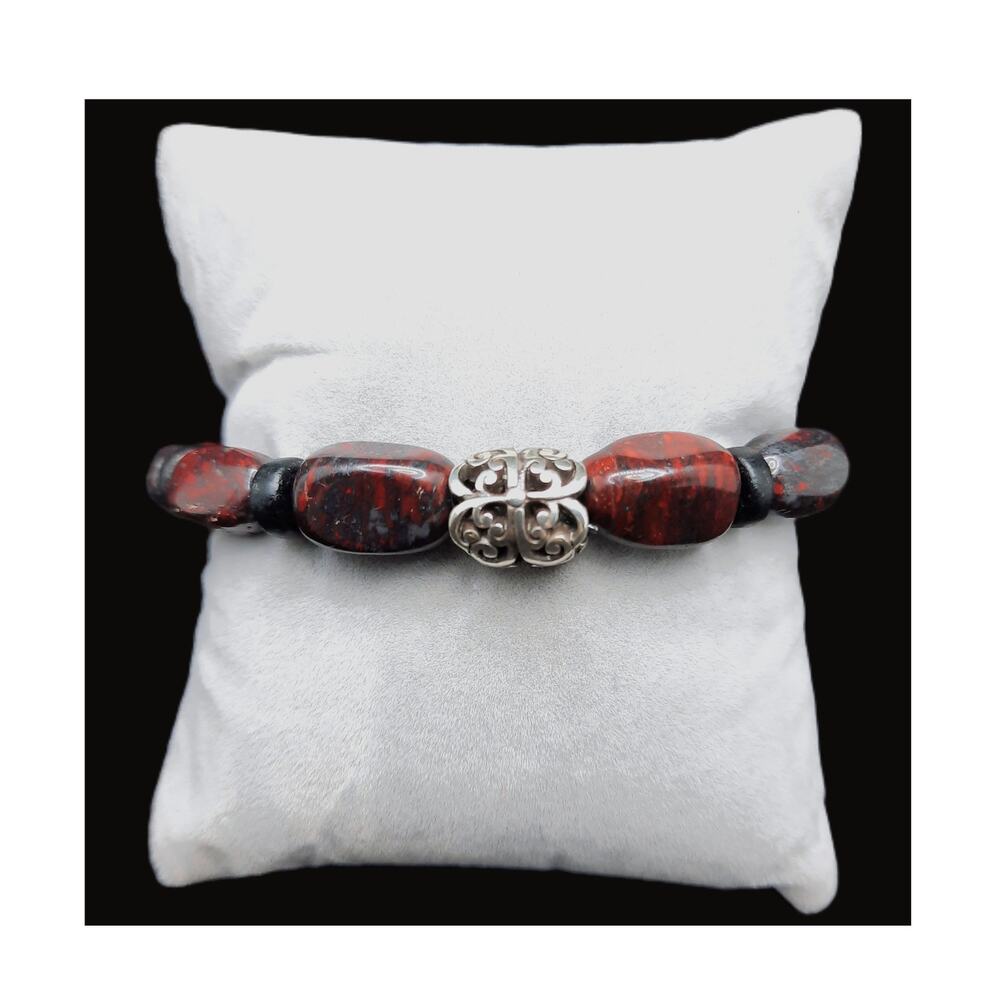 Natural Red Jasper Beaded Bracelet Unisex Black Hematite Earthy Boho Chic NEW